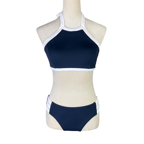 Anthropologie Seafolly NWOT Kenna Navy High Neck 2 Piece Bikini Set Swimsuit - Picture 4 of 15